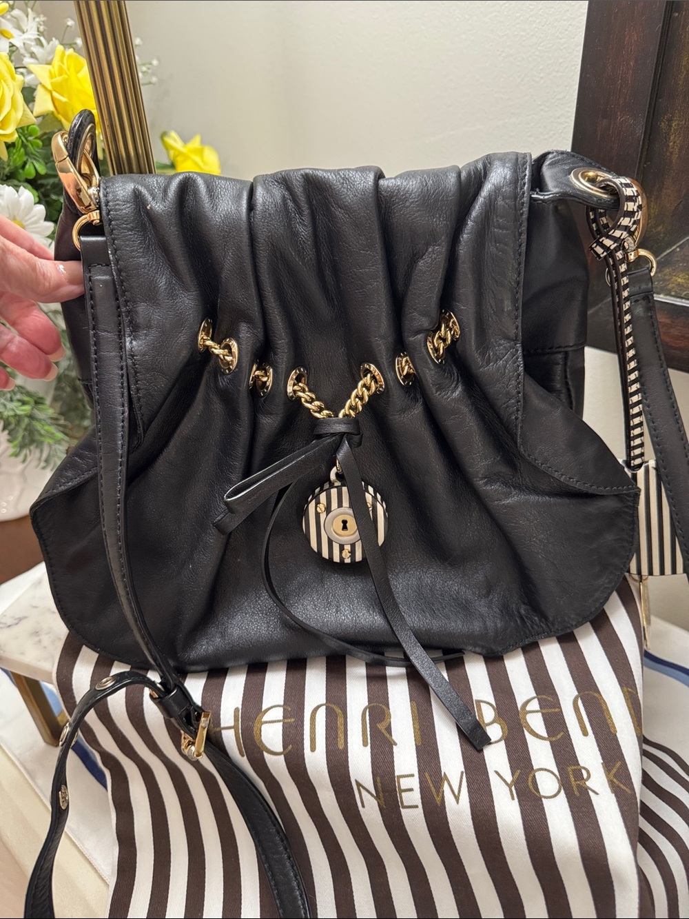 henri bendel Black Leather Drawstring Shoulder Bag with Striped Charms